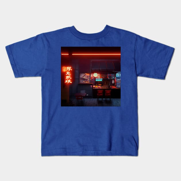 Cyberpunk Tokyo Ramen Shop Kids T-Shirt by Grassroots Green